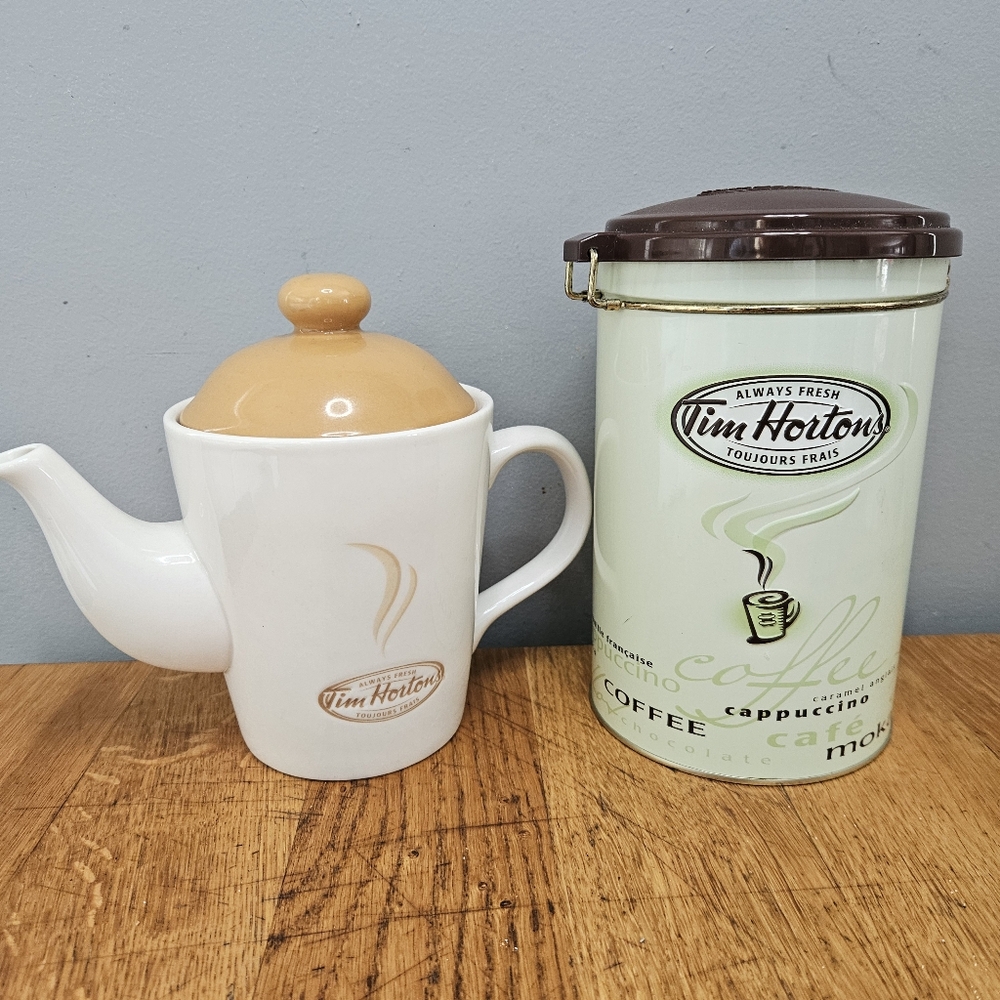 Vintage Tim Hortons limited edition tea pot coffee tea can lot (2)